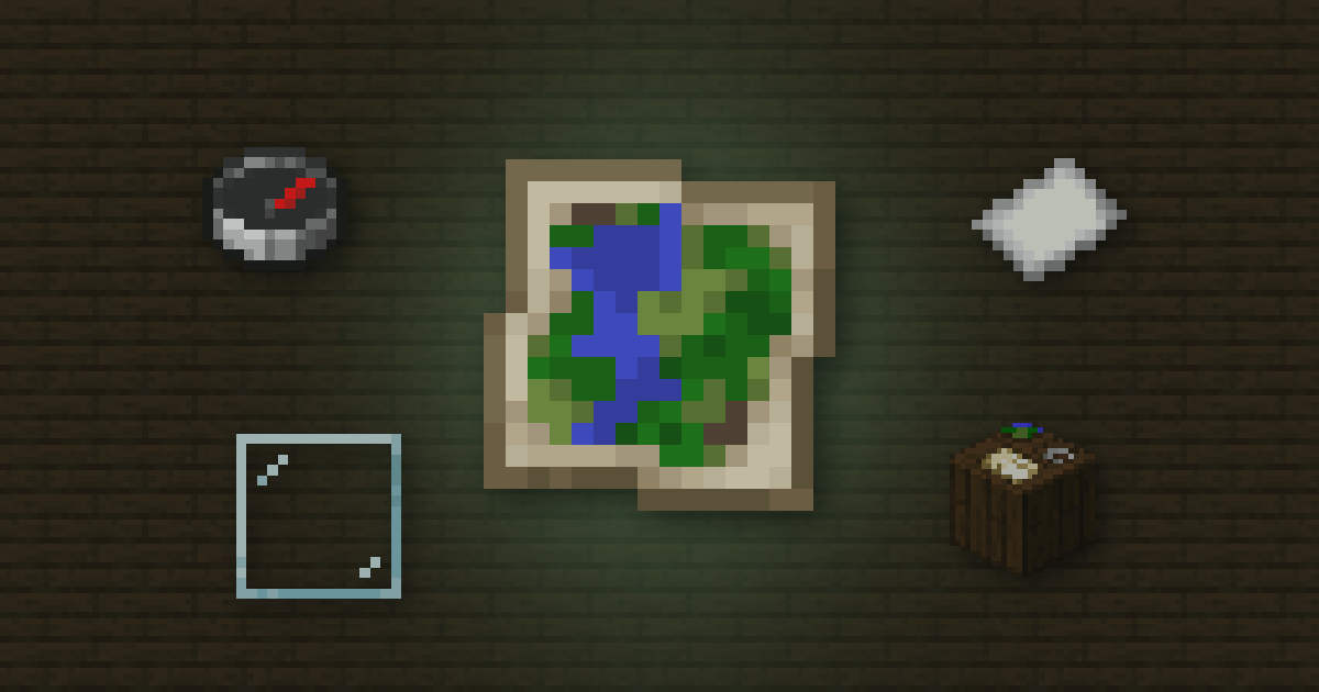 A filled map surrounded by a compass, paper, a glass pane and a cartography table on spruce planks