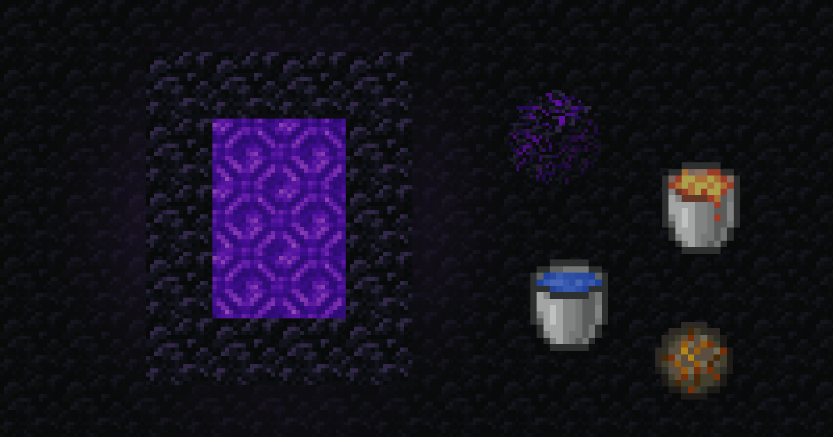 A flint and steel with obsidian, a lava bucket, a water bucket and a fire charge in a Nether portal