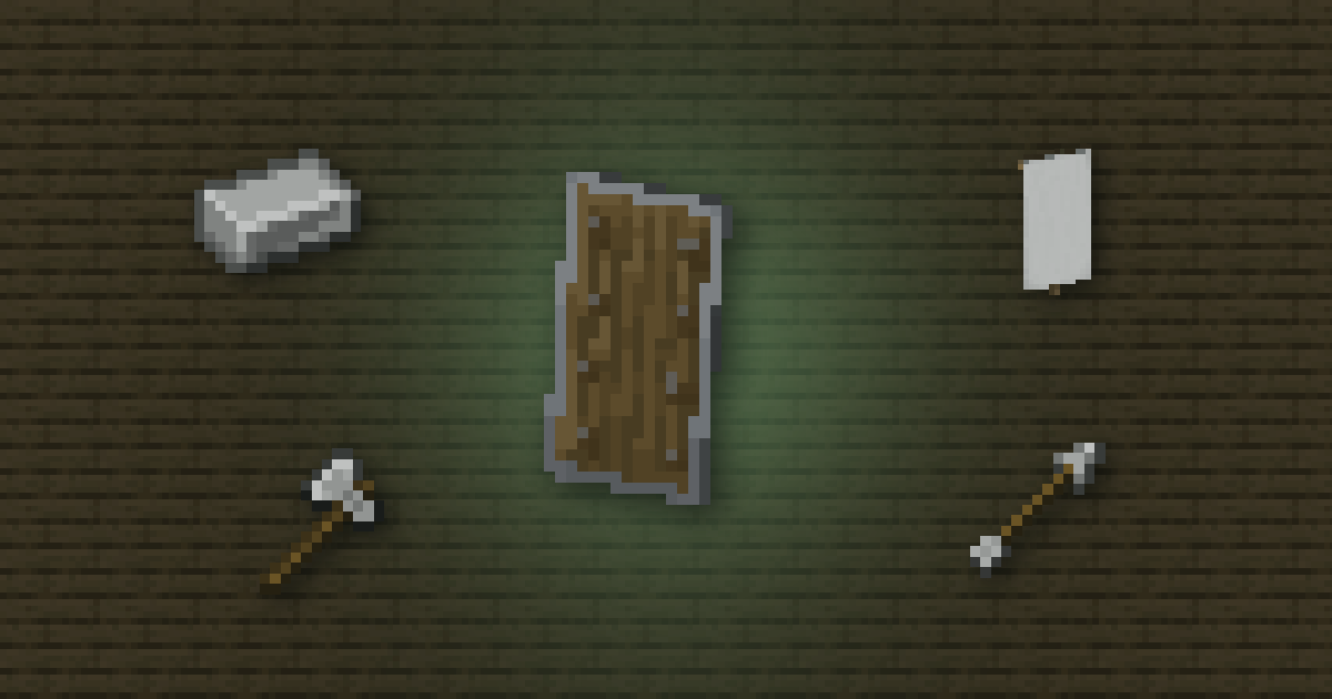A shield surrounded by an iron ingot, a white banner, an iron axe and an arrow on oak planks