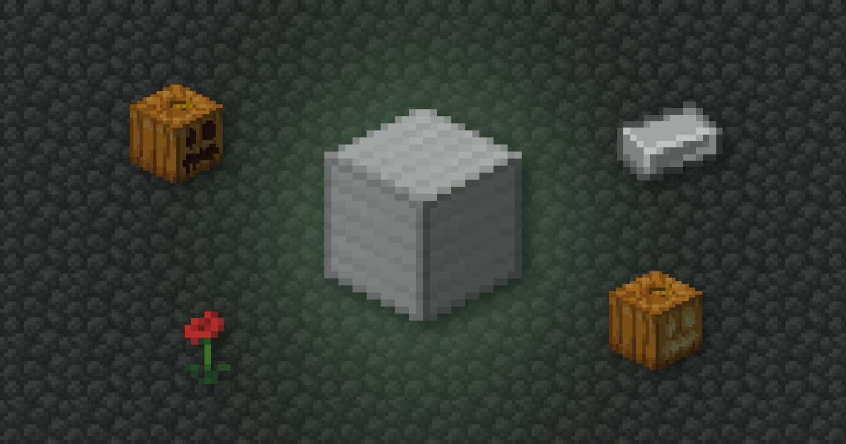 An iron block surrounded by a carved pumpkin, an iron ingot, a poppy and a jack o'lantern on cobblestone