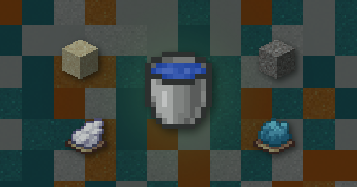A water bucket in front of a wall of white, cyan and orange concrete and concrete powder, with sand, gravel and dyes