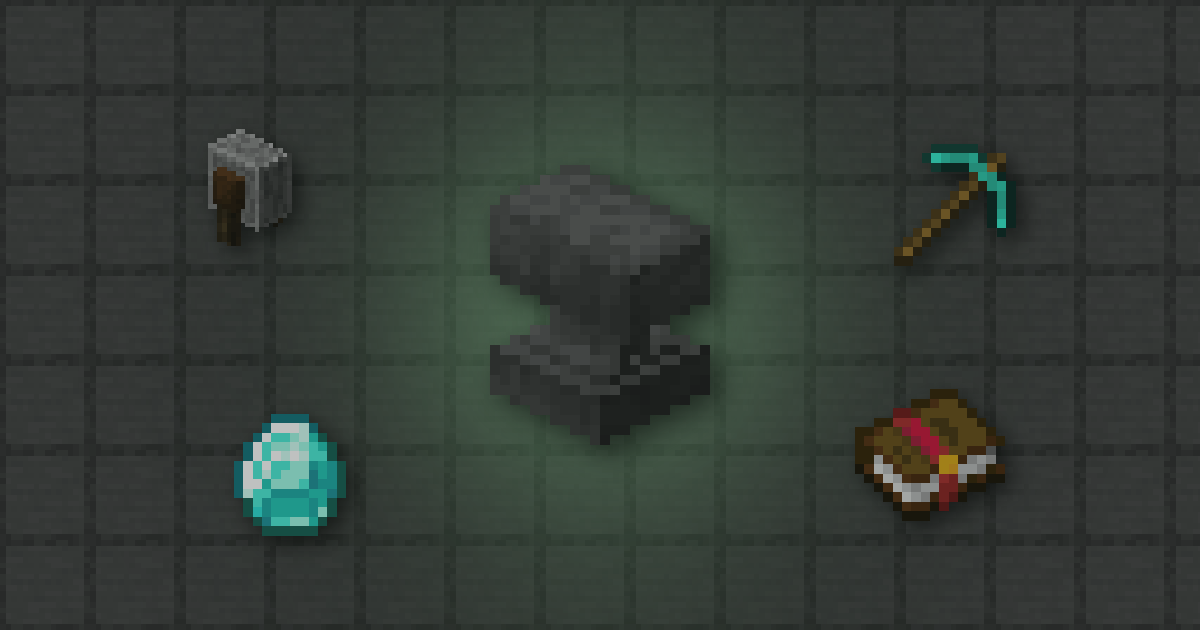 An anvil surrounded by a grindstone, a diamond pickaxe, a diamond and an enchanted book on smooth stone