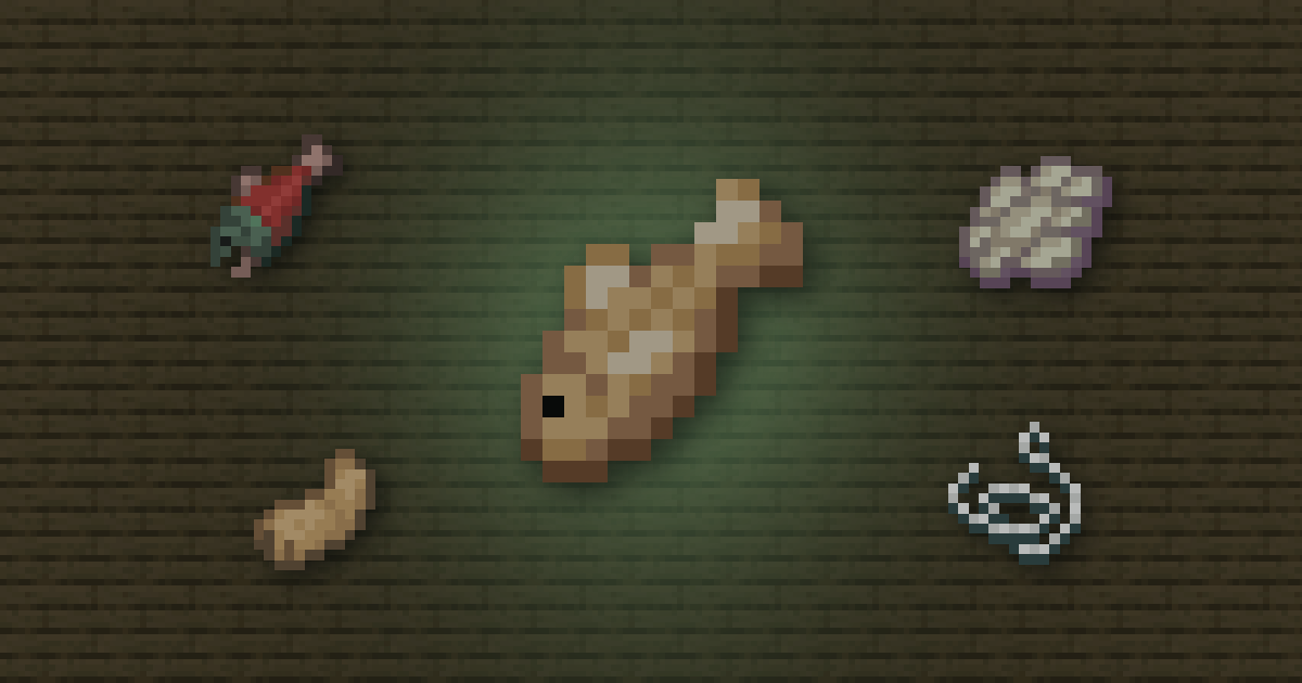 A raw cod surrounded by a raw salmon, a phantom membrane, a rabbit's foot and string on oak planks