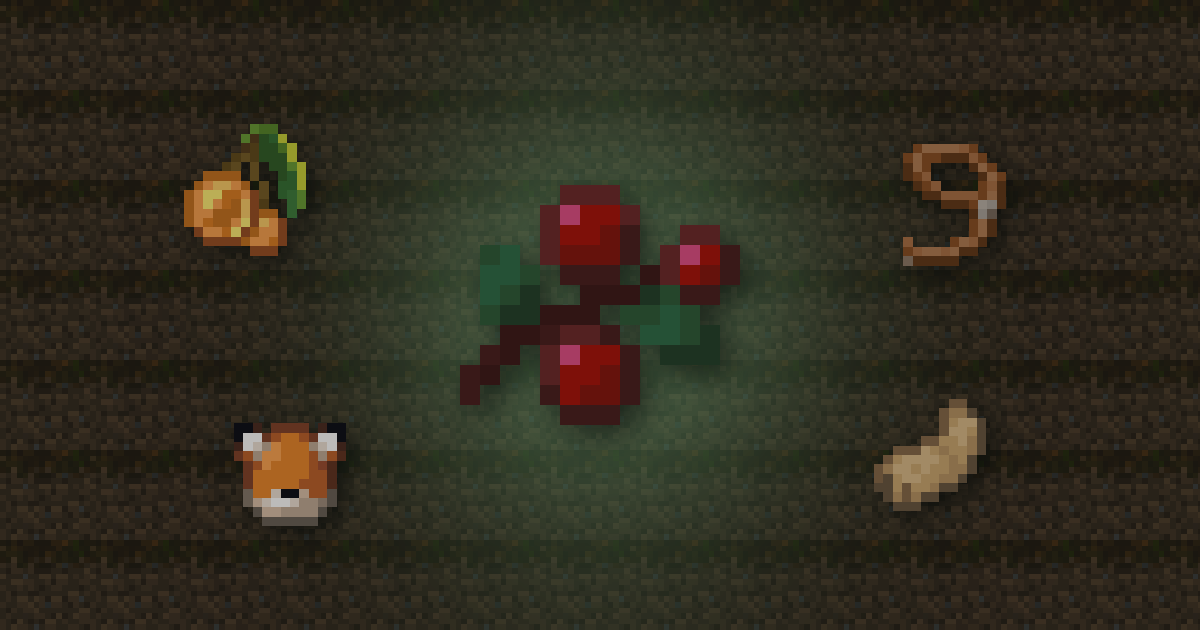 Sweet berries surrounded by glow berries, a lead, a fox spawn egg and a rabbit's foot on podzol