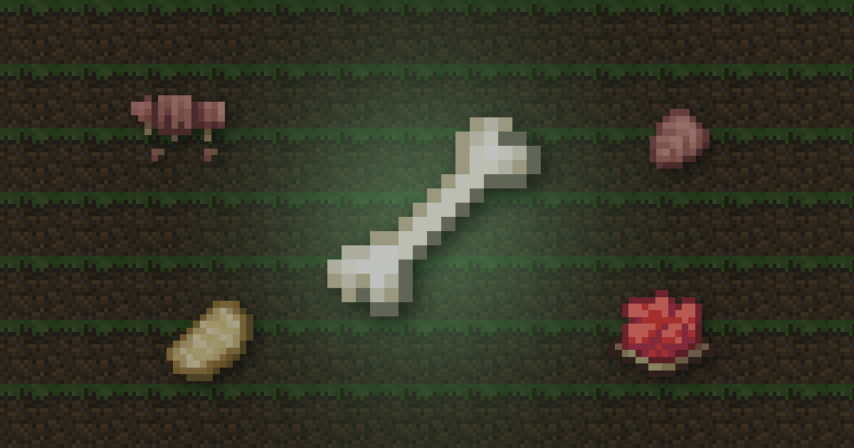 A bone surrounded by wolf armour, an armadillo scute, a cooked porkchop and red dye on grass