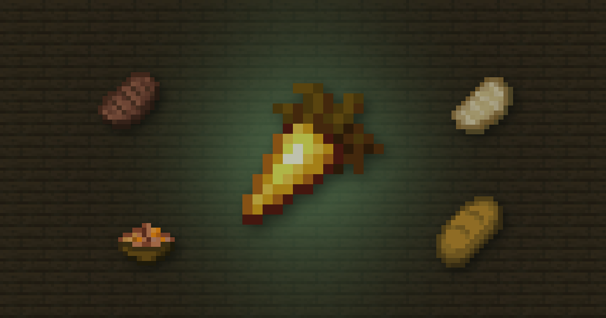 A golden carrot surrounded by steak, a cooked porkchop, rabbit stew and bread on spruce planks