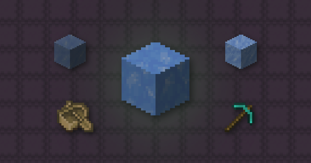 Blue ice, ice, packed ice, an oak boat and a diamond pickaxe on packed ice