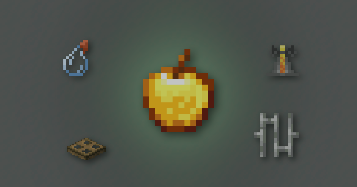 A golden apple surrounded by a splash potion, a brewing stand, an oak trapdoor and iron bars on snow