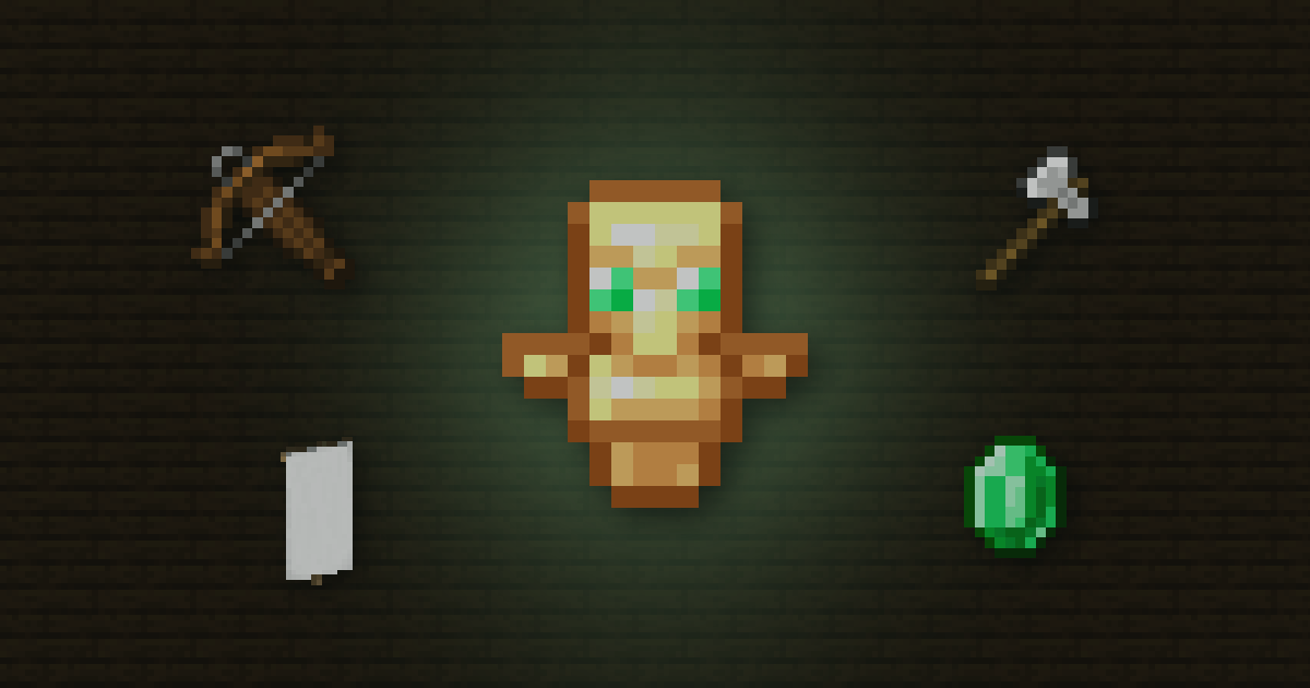 A totem of undying surrounded by a crossbow, an iron axe, a banner and an emerald on dark oak planks