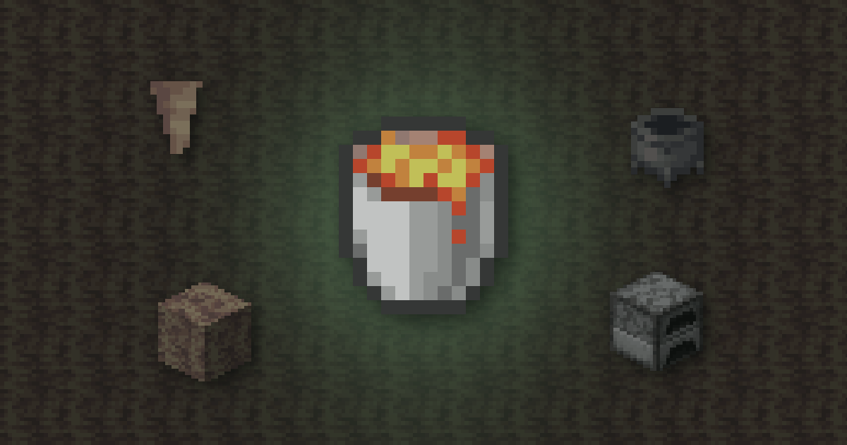 A lava bucket surrounded by pointed dripstone, a cauldron, a dripstone block and a furnace on dripstone