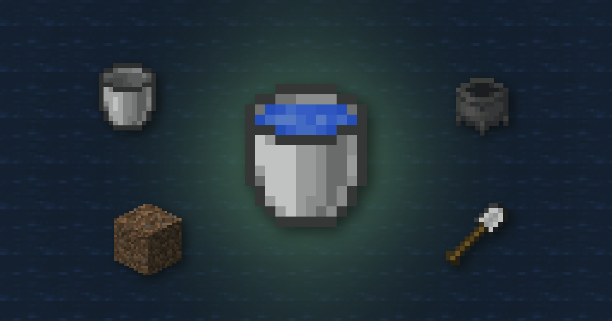 A water bucket surrounded by an empty bucket, a cauldron, dirt and an iron shovel on water