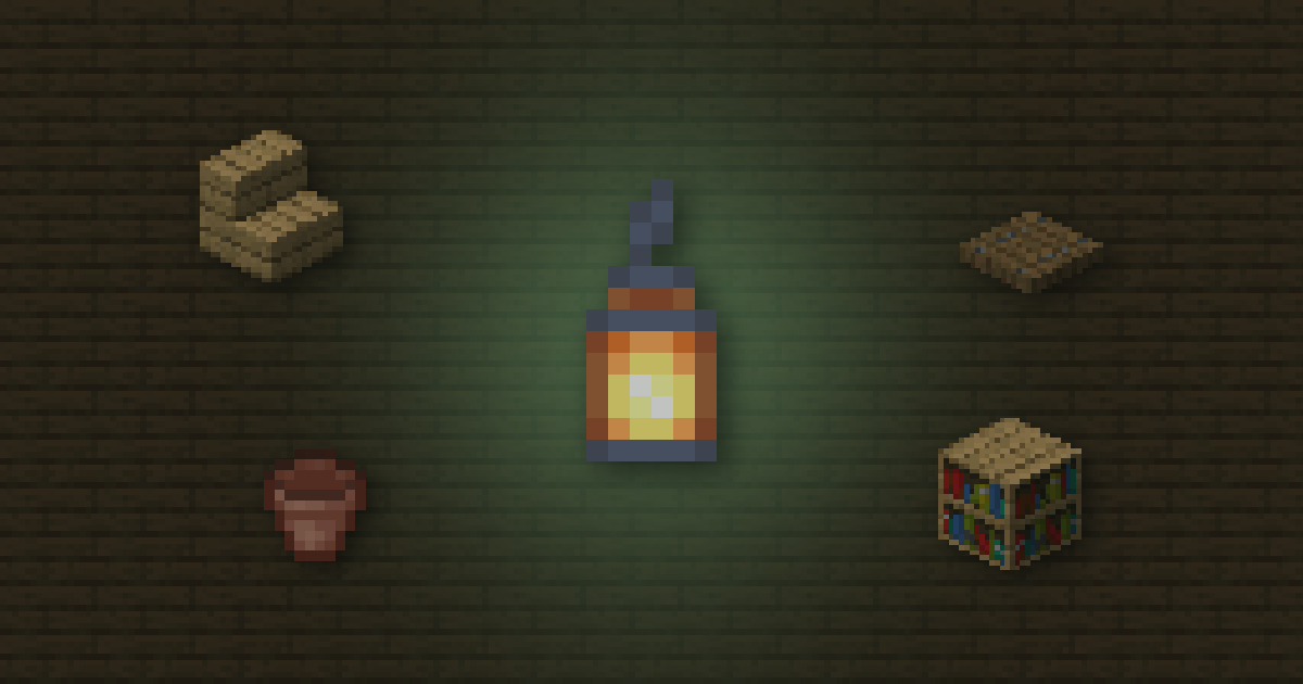 A lantern surrounded by oak stairs, a spruce trapdoor, a flower pot and a bookshelf on spruce planks