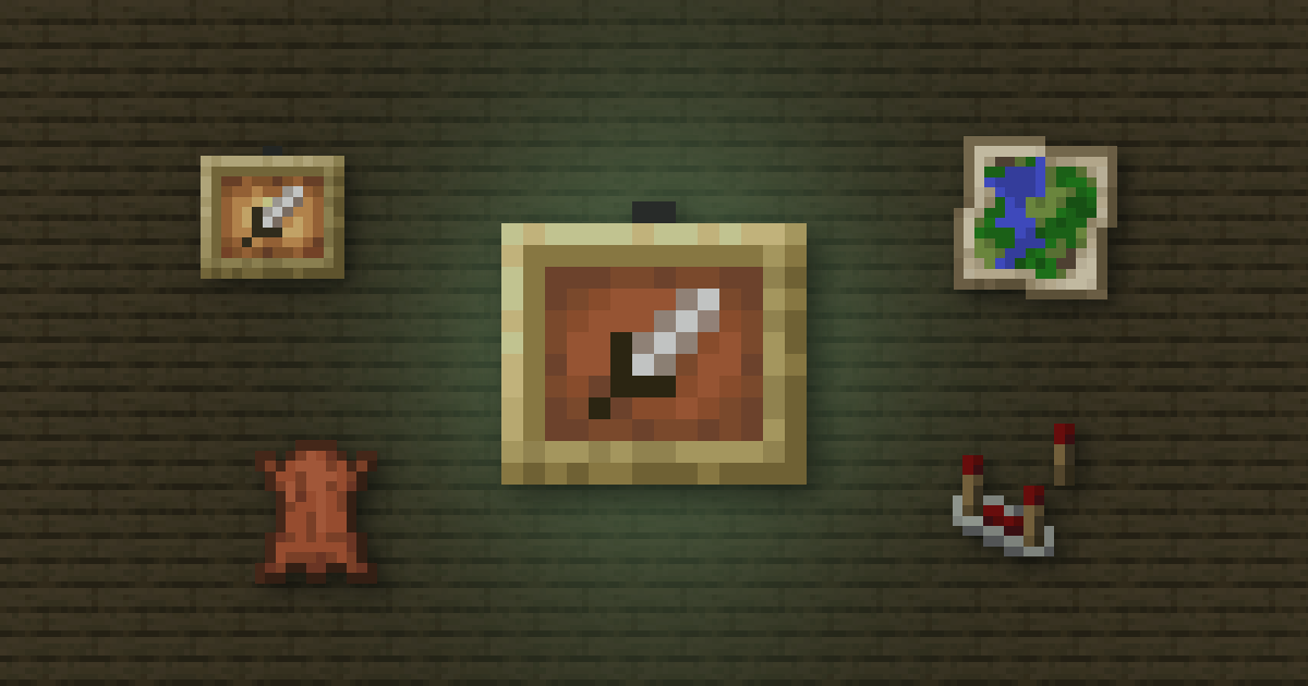 An item frame surrounded by a glow item frame, a map, leather and a comparator on oak planks