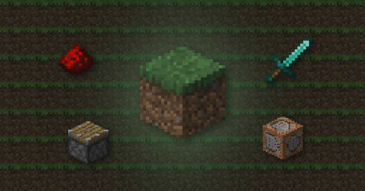 A grass block surrounded by redstone, a diamond sword, a piston and a command block on grass