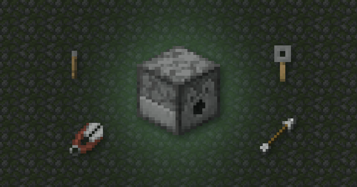 A dispenser surrounded by a lever, a tripwire hook, shears and an arrow on mossy cobblestone
