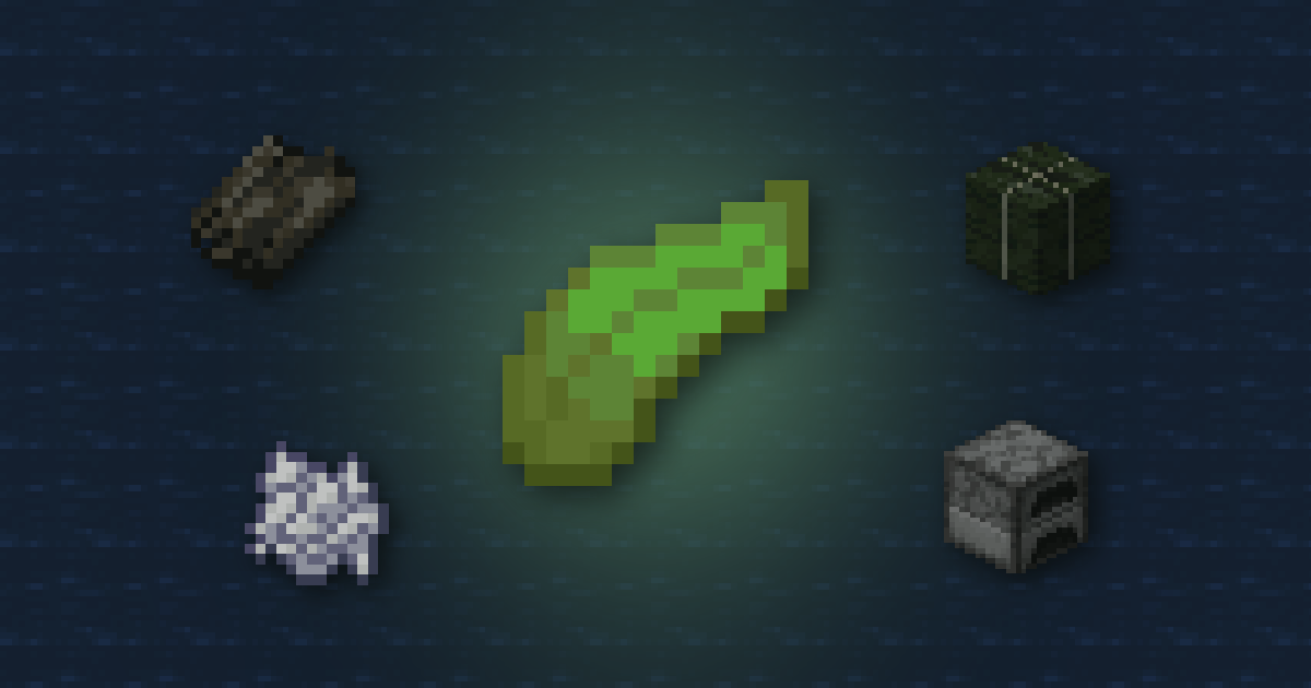 Kelp surrounded by dried kelp, a dried kelp block, bone meal and a furnace on water