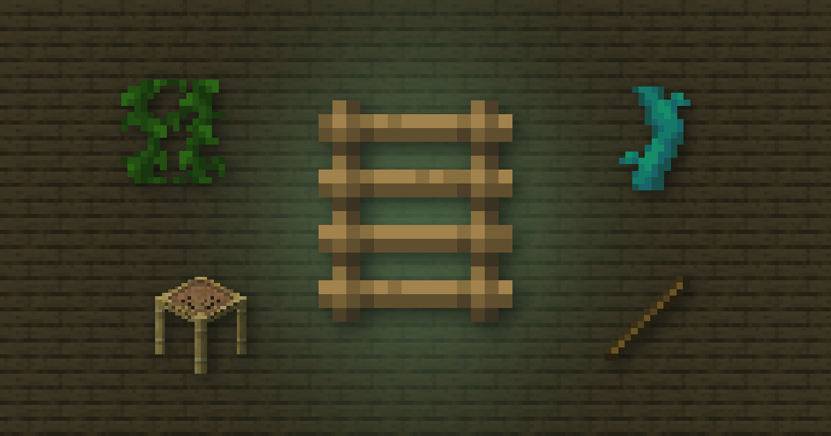 A ladder surrounded by vines, twisting vines, scaffolding and a stick on oak planks