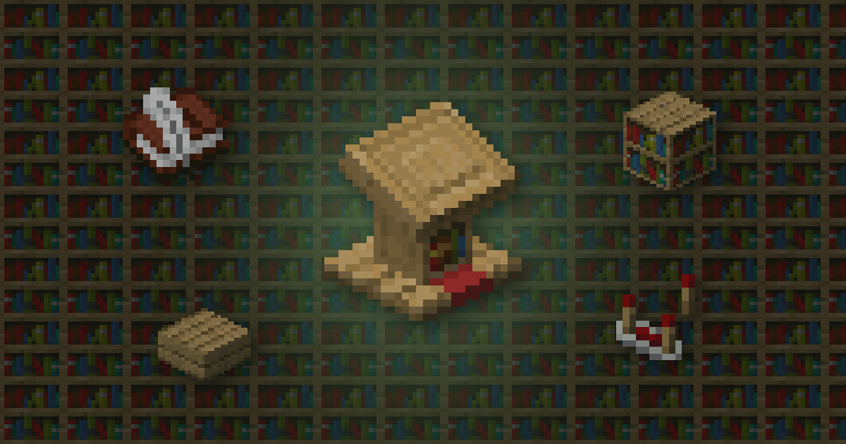 A lectern surrounded by a book and quill, a bookshelf, an oak slab and a comparator on bookshelves