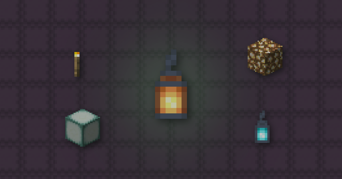 A lantern, a torch, glowstone, a sea lantern and a soul lantern on stone bricks