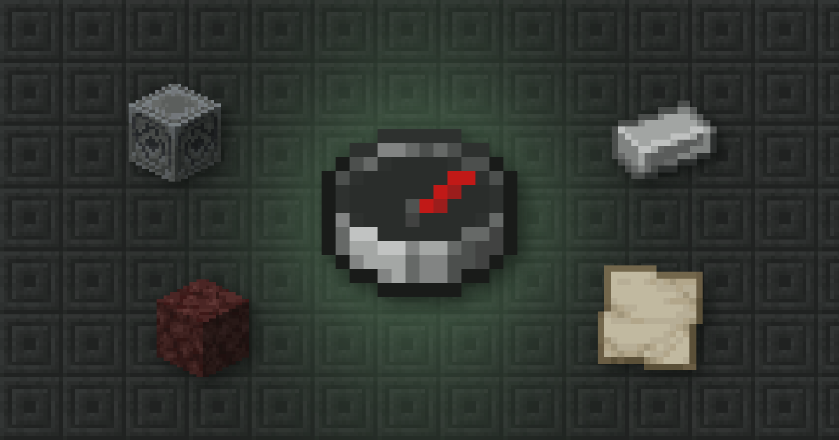 A compass surrounded by a lodestone, an iron ingot, netherrack and a map on chiseled stone bricks