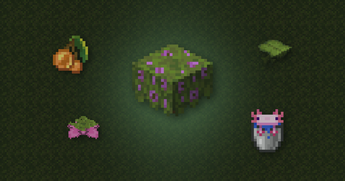 A flowering azalea surrounded by glow berries, a big dripleaf, a spore blossom and a bucket of axolotl on moss