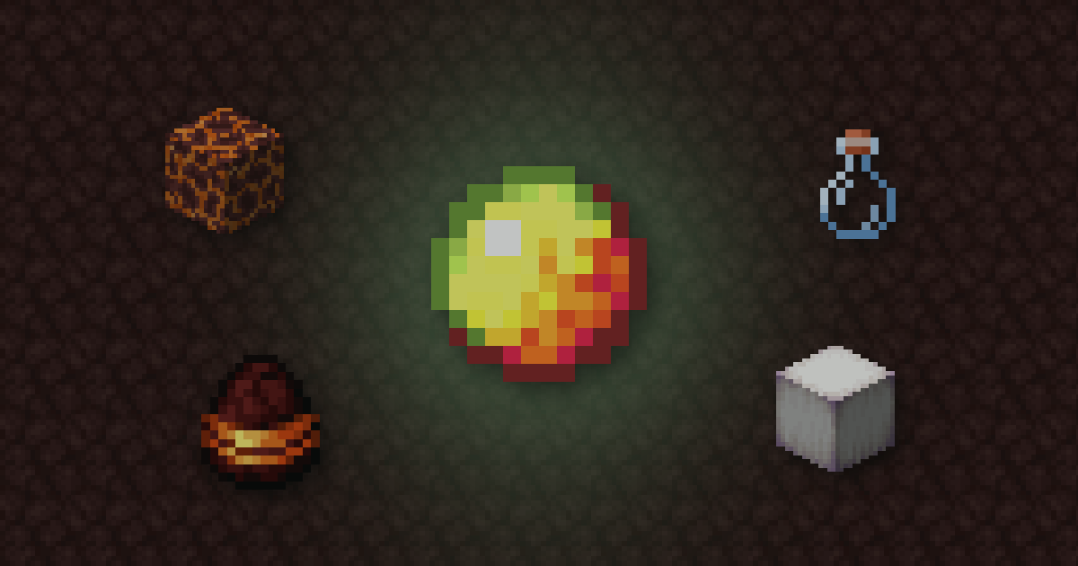 Magma cream surrounded by a magma block, a potion, a magma cube spawn egg and a pearlescent froglight on netherrack