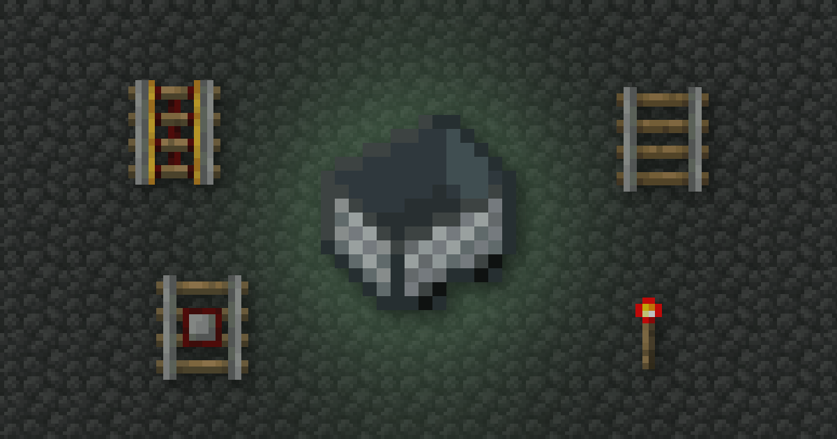 A minecart surrounded by a powered rail, a rail, a detector rail and a redstone torch on cobblestone