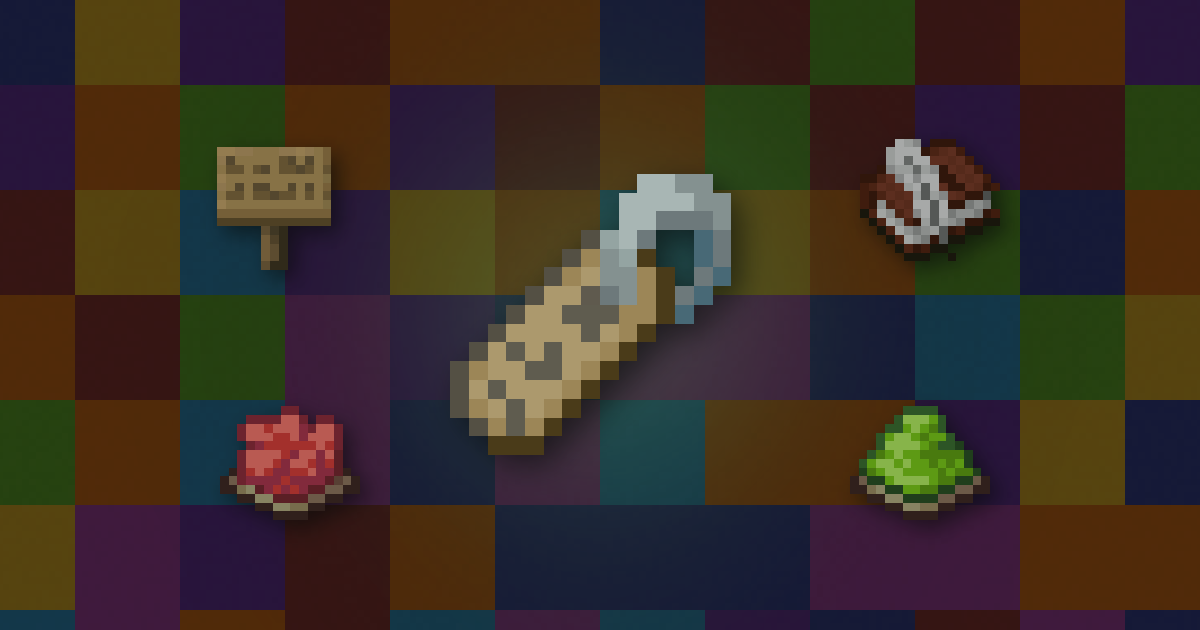 A name tag in front of a wall of rainbow concrete, with a sign, a book and quill, and red and lime dye