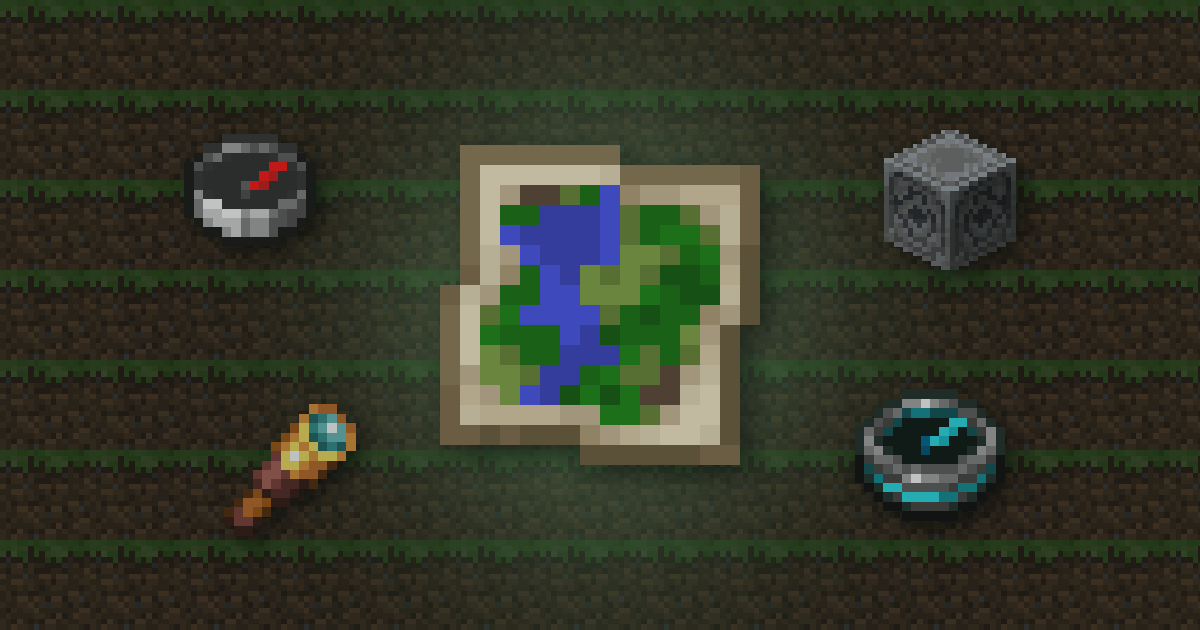 A map surrounded by a compass, a lodestone, a spyglass and a recovery compass