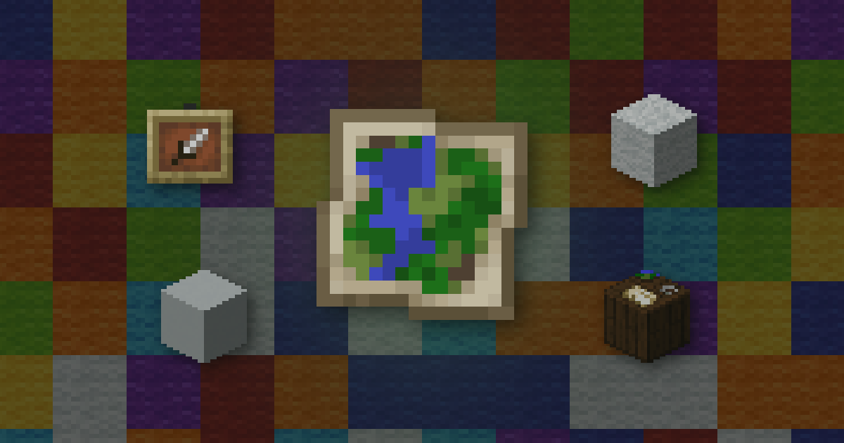 A map in front of a wall of colourful wool, with an item frame, wool, concrete and a cartography table