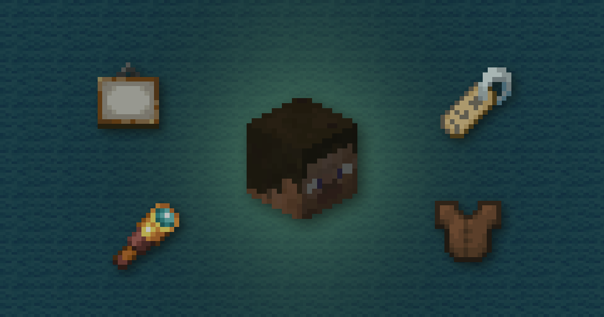 A player head surrounded by a painting, a name tag, a spyglass and a leather tunic