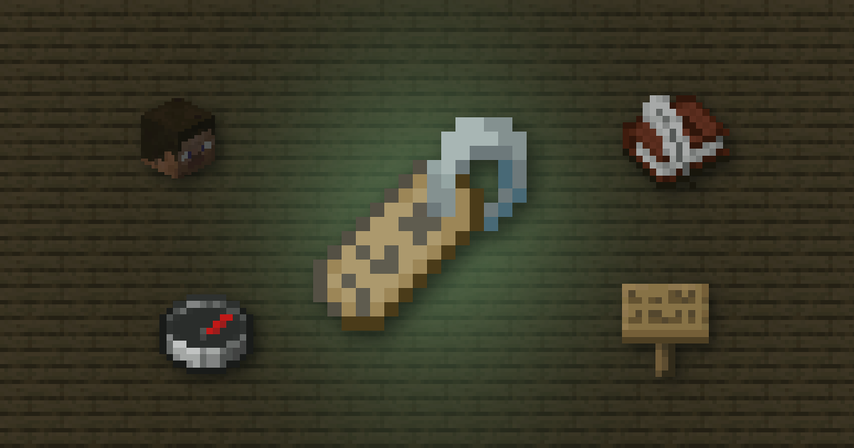 A name tag surrounded by a player head, a book and quill, a compass and a sign