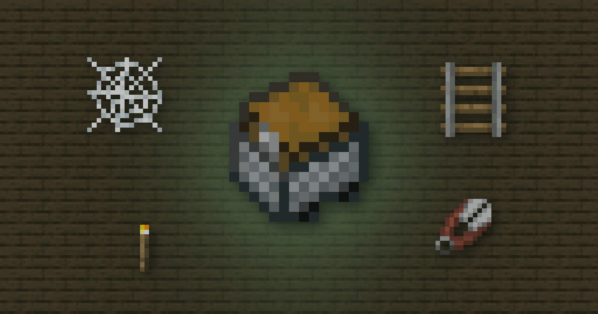 A minecart with chest surrounded by a cobweb, rails, a torch and shears on oak planks