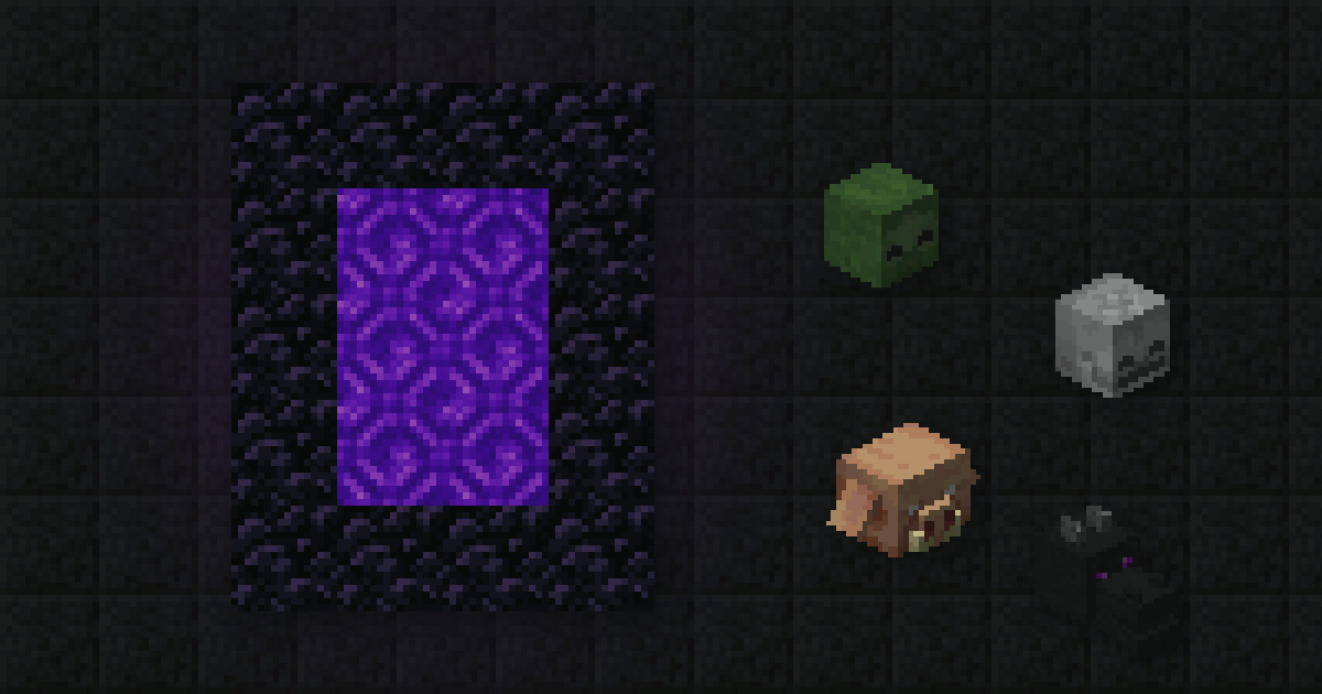 A creeper head with a zombie head, a skeleton skull, a piglin head and a dragon head