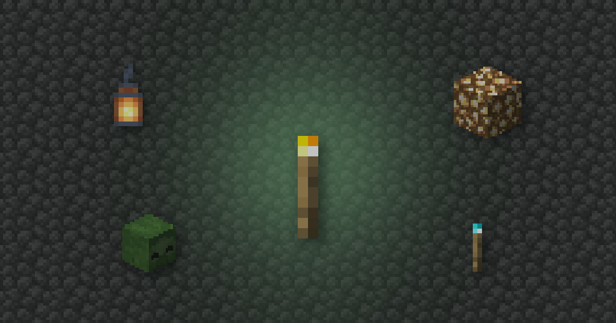A torch surrounded by a lantern, glowstone, a zombie head and a soul torch