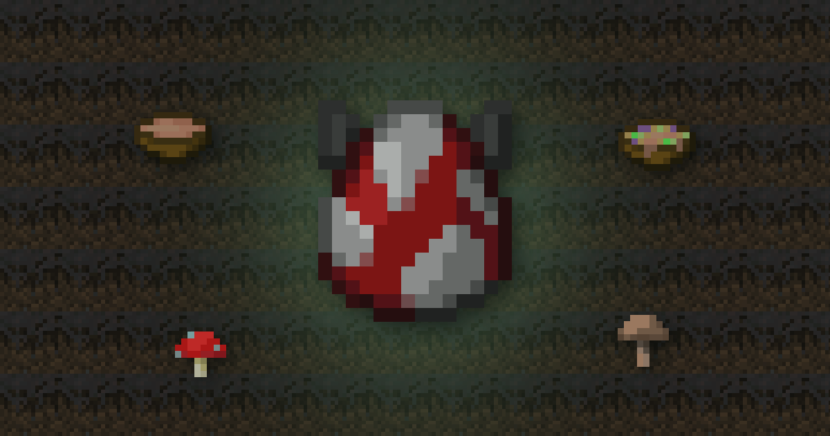 A mooshroom spawn egg surrounded by mushroom stew, suspicious stew and red and brown mushrooms on mycelium