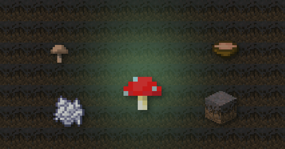 A red mushroom surrounded by a brown mushroom, mushroom stew, bone meal and mycelium on mycelium