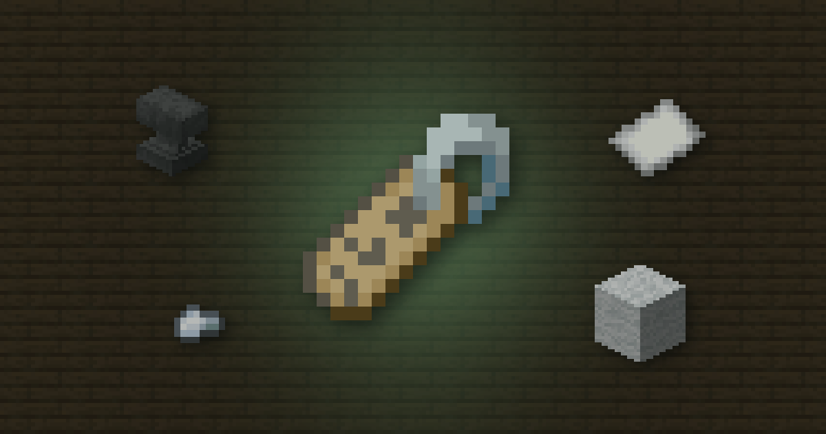 A name tag surrounded by an anvil, paper, an iron nugget and white wool on spruce planks