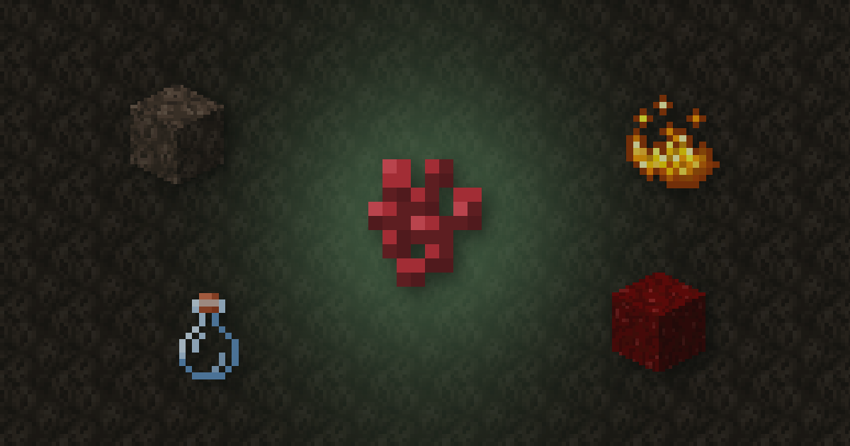 Nether wart surrounded by soul sand, blaze powder, a potion and a nether wart block on soul sand