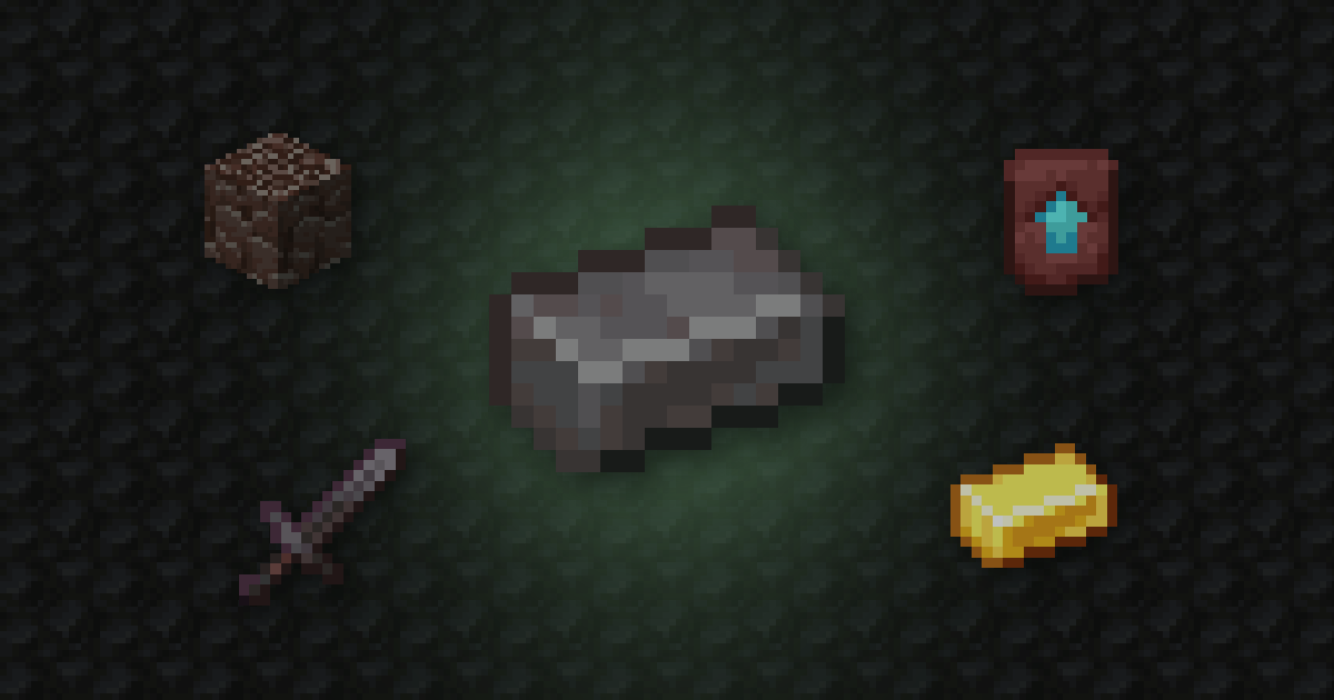 A netherite ingot surrounded by ancient debris, a netherite upgrade template, a netherite sword and a gold ingot
