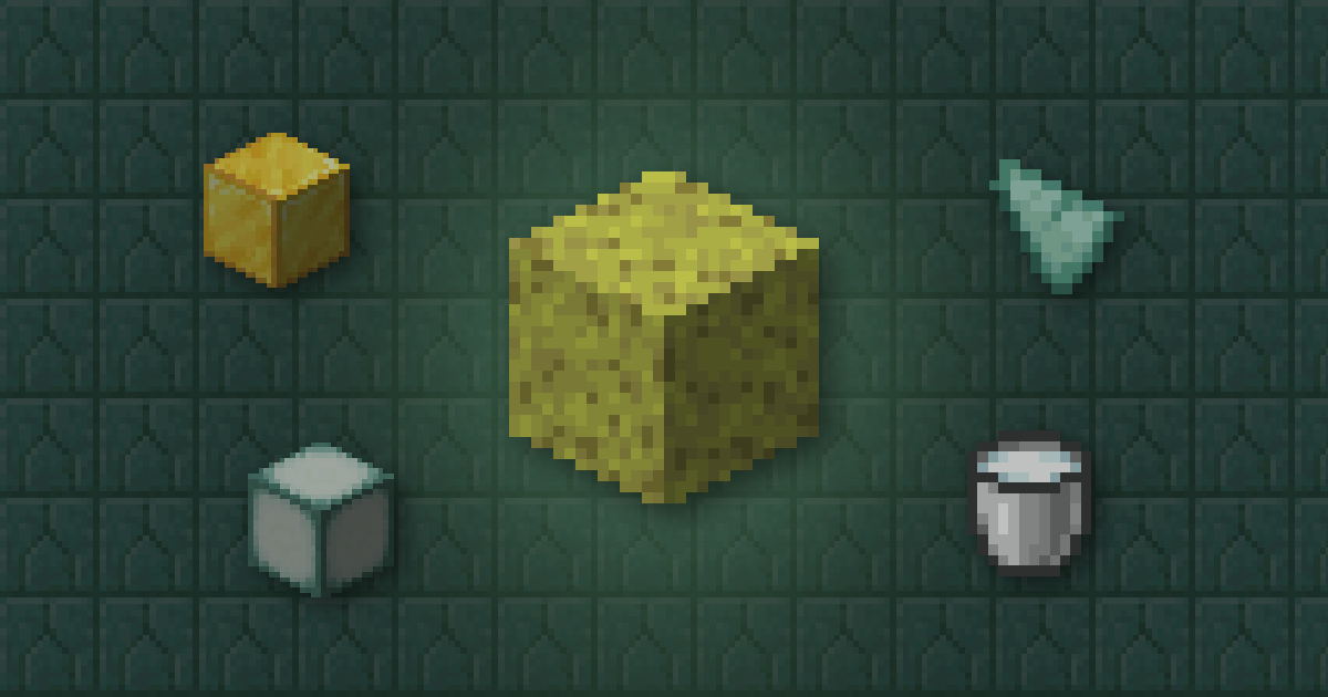 A sponge surrounded by a gold block, a prismarine shard, a sea lantern and a milk bucket on prismarine bricks