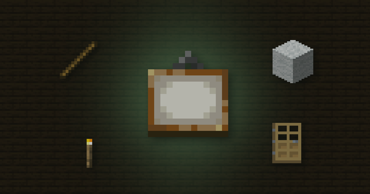 A painting surrounded by a stick, white wool, a torch and an oak door on dark oak planks