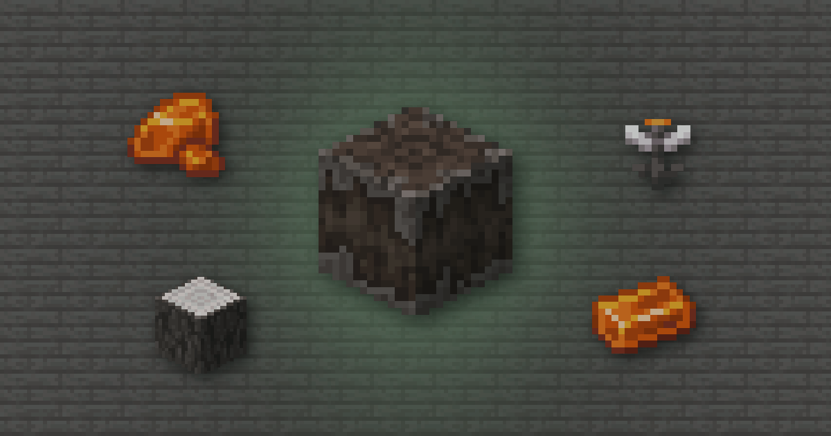 A creaking heart surrounded by a resin clump, an open eyeblossom, a pale oak log and a resin brick on pale oak planks