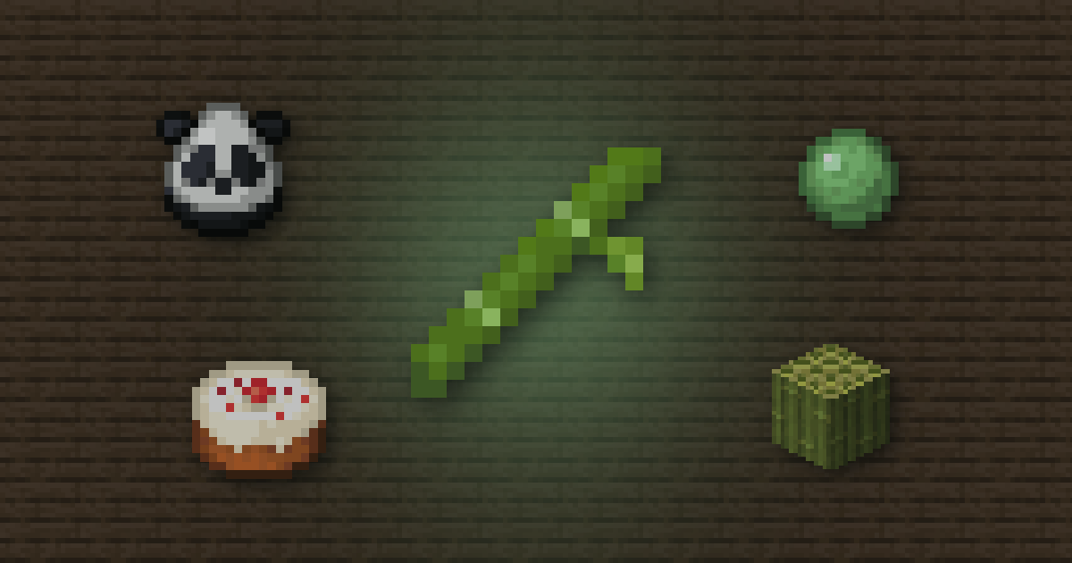 Bamboo surrounded by a panda spawn egg, a slimeball, a cake and a block of bamboo on jungle planks