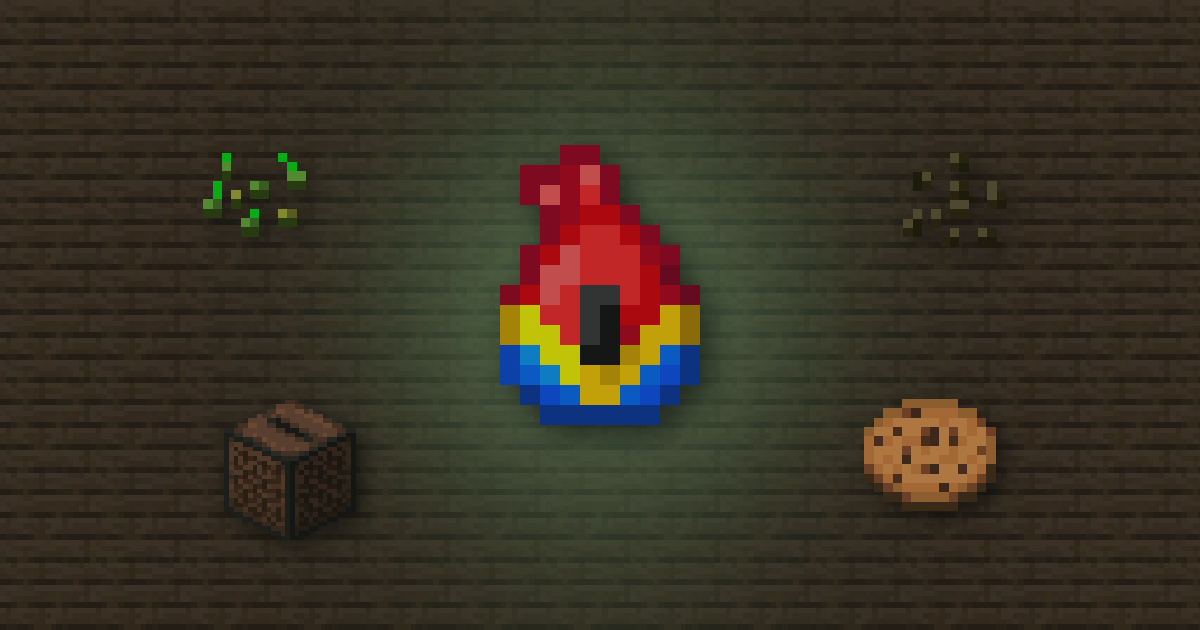 A parrot spawn egg surrounded by wheat seeds, melon seeds, a jukebox and a cookie on jungle planks