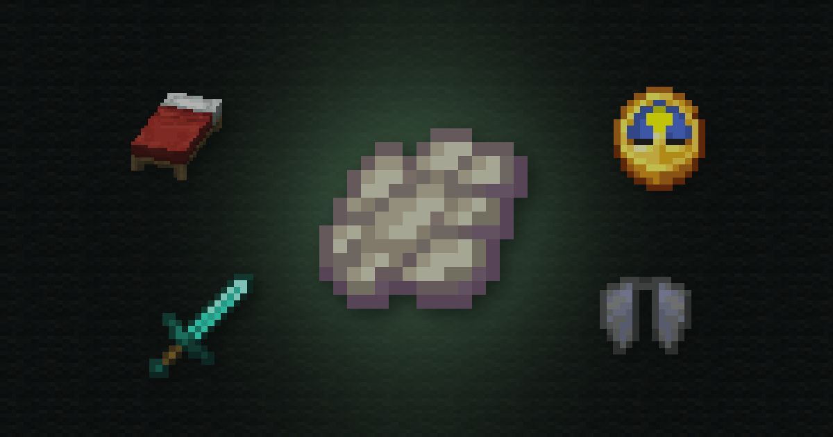 A phantom membrane surrounded by a red bed, a clock, a diamond sword and an elytra