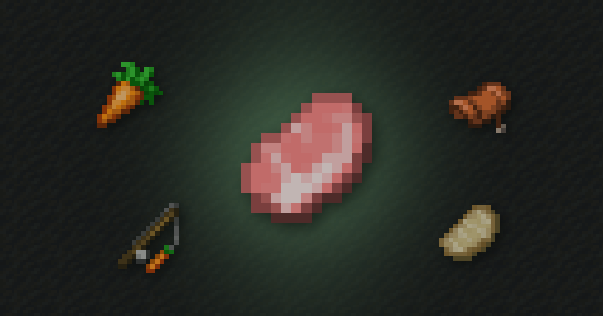 Raw porkchop surrounded by a carrot, a saddle, a carrot on a stick and a cooked porkchop on mud