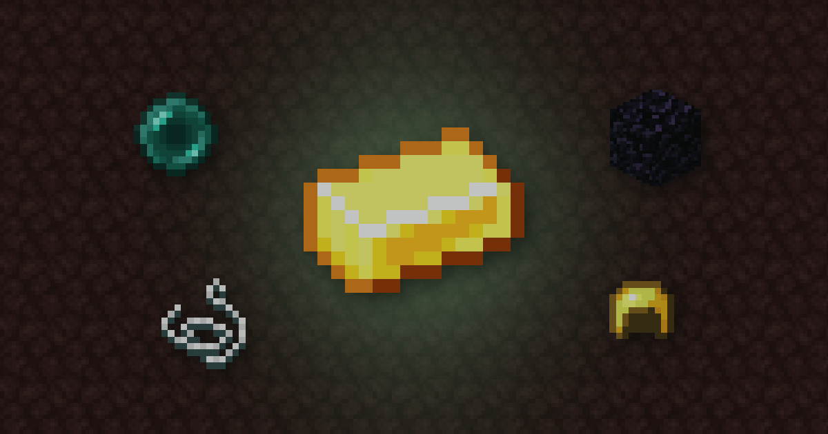 A gold ingot surrounded by an ender pearl, obsidian, string and a golden helmet on netherrack