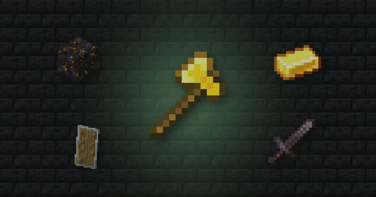 A golden axe surrounded by gilded blackstone, a gold ingot, a shield and a netherite sword on blackstone bricks
