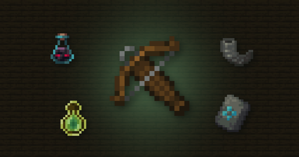 A crossbow surrounded by an ominous bottle, a goat horn, a bottle o' enchanting and a sentry armour trim on dark oak planks